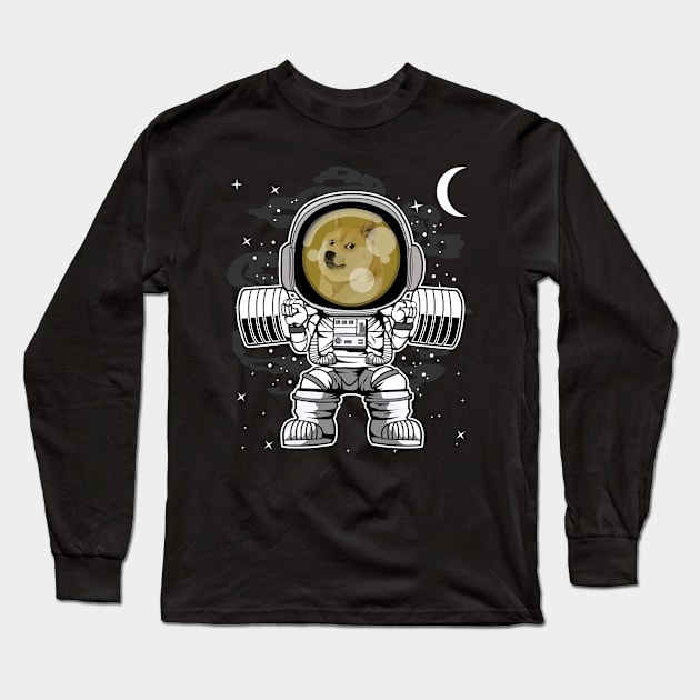 Astronaut Lifting Dogecoin DOGE Coin To The Moon Crypto Token Cryptocurrency Blockchain Wallet Birthday Gift For Men Women Kids Long Sleeve T-Shirt by Thingking About